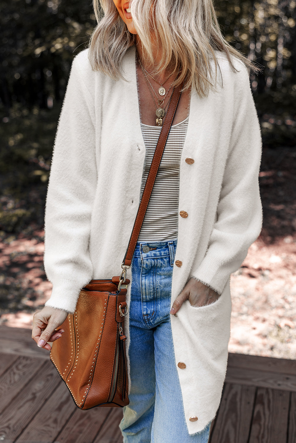 Solid Fuzzy Button-Front Cardigan