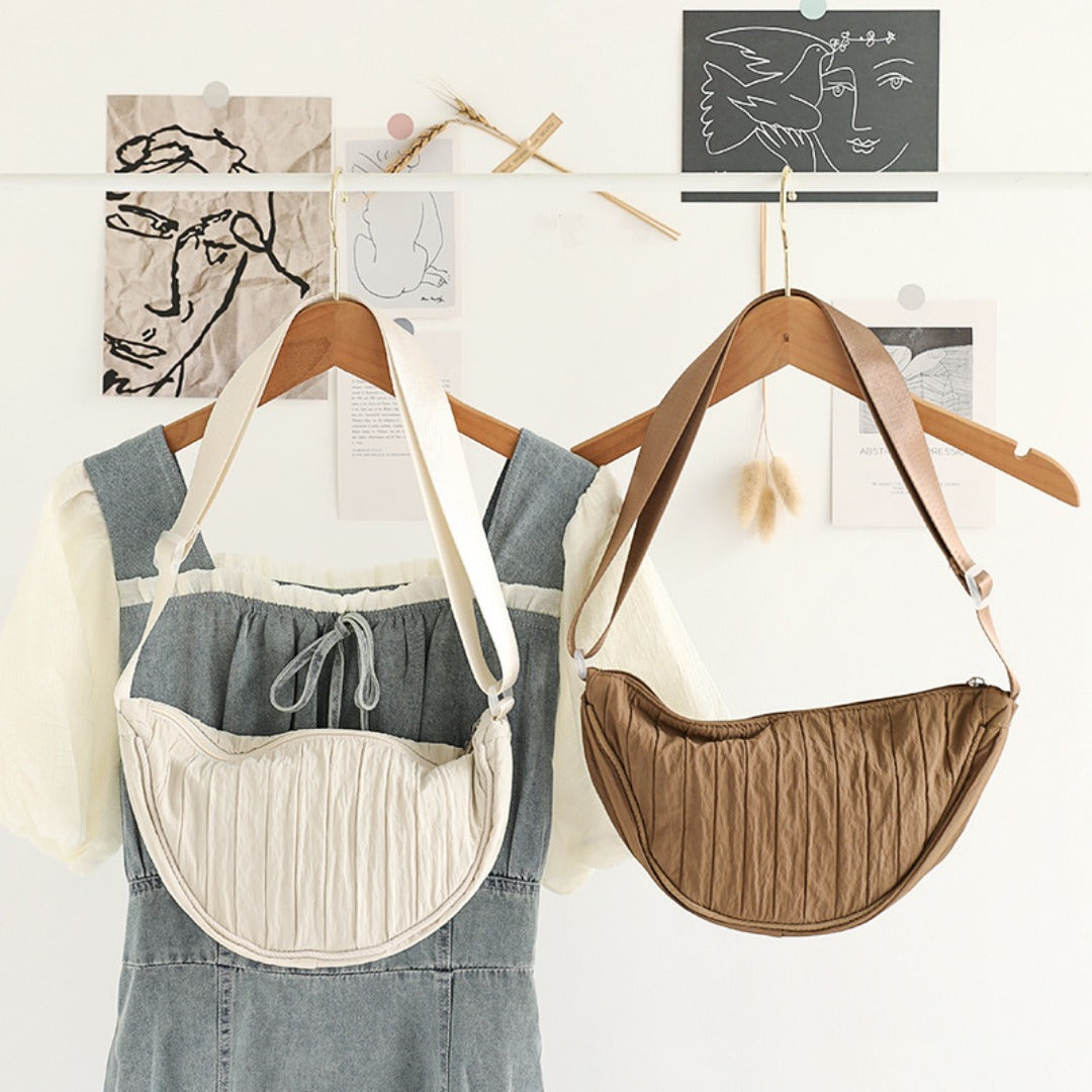 Casual Nylon Cloth Hobo Bag – Simple Pleated Striped Shoulder Bag, Lightweight Shopping Crossbody Small Square Bag