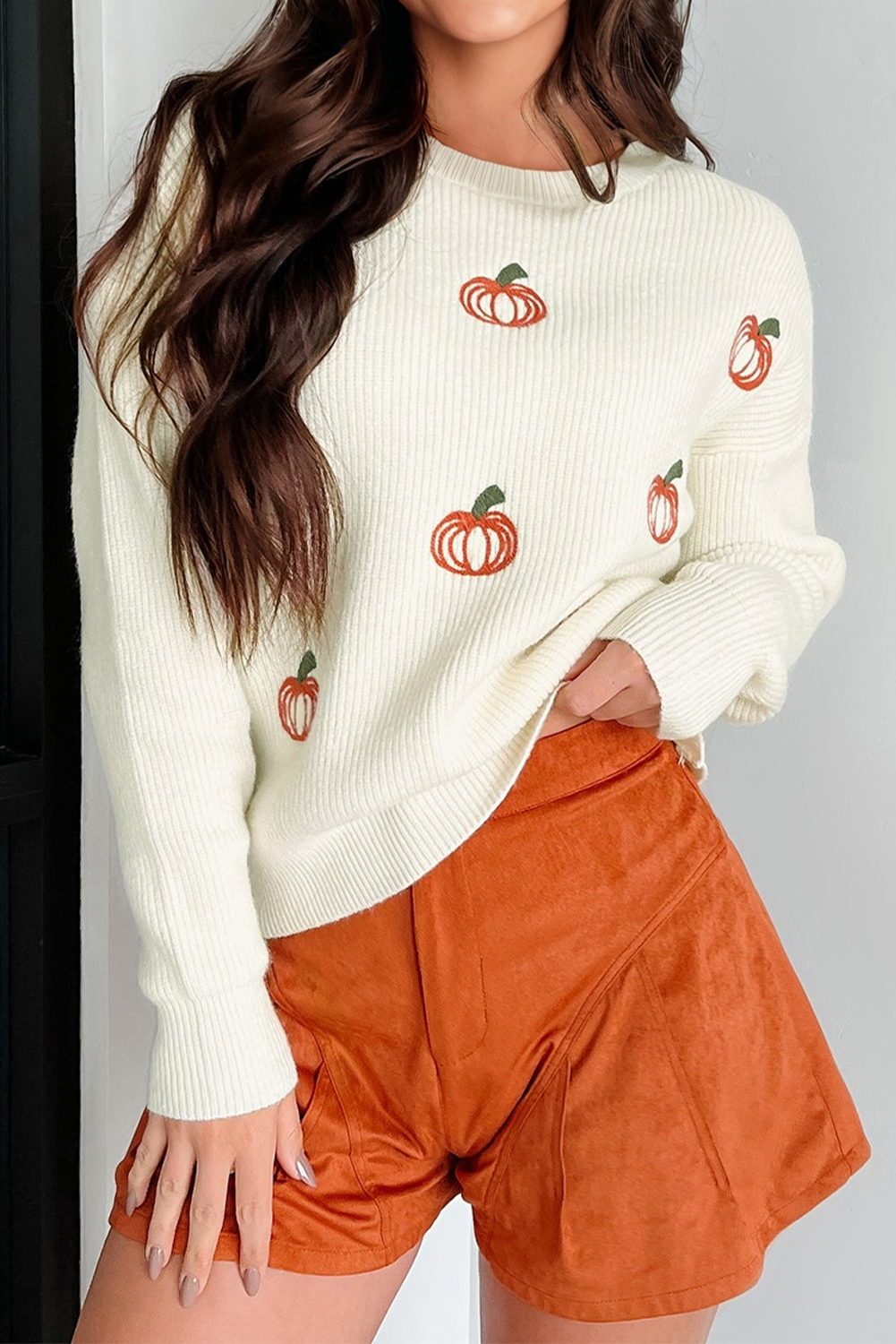 Halloween Pumpkin Embroidered Ribbed Thanksgiving Holiday Sweater