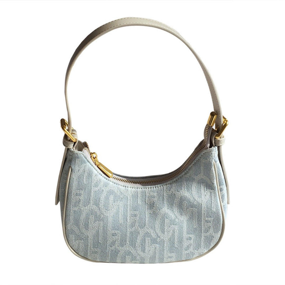 PU retro denim baguette armpit bag female, spring and summer shoulder bag, small hobo bag