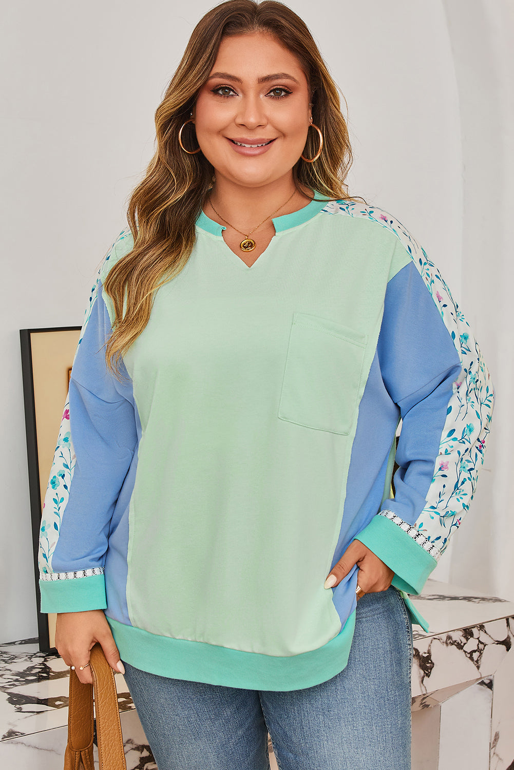 Plus Size Floral Patchwork Long Sleeve V-Neck Top