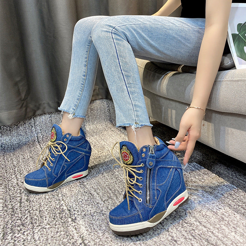 Women's Casual Denim Lace-Up Wedge Boots