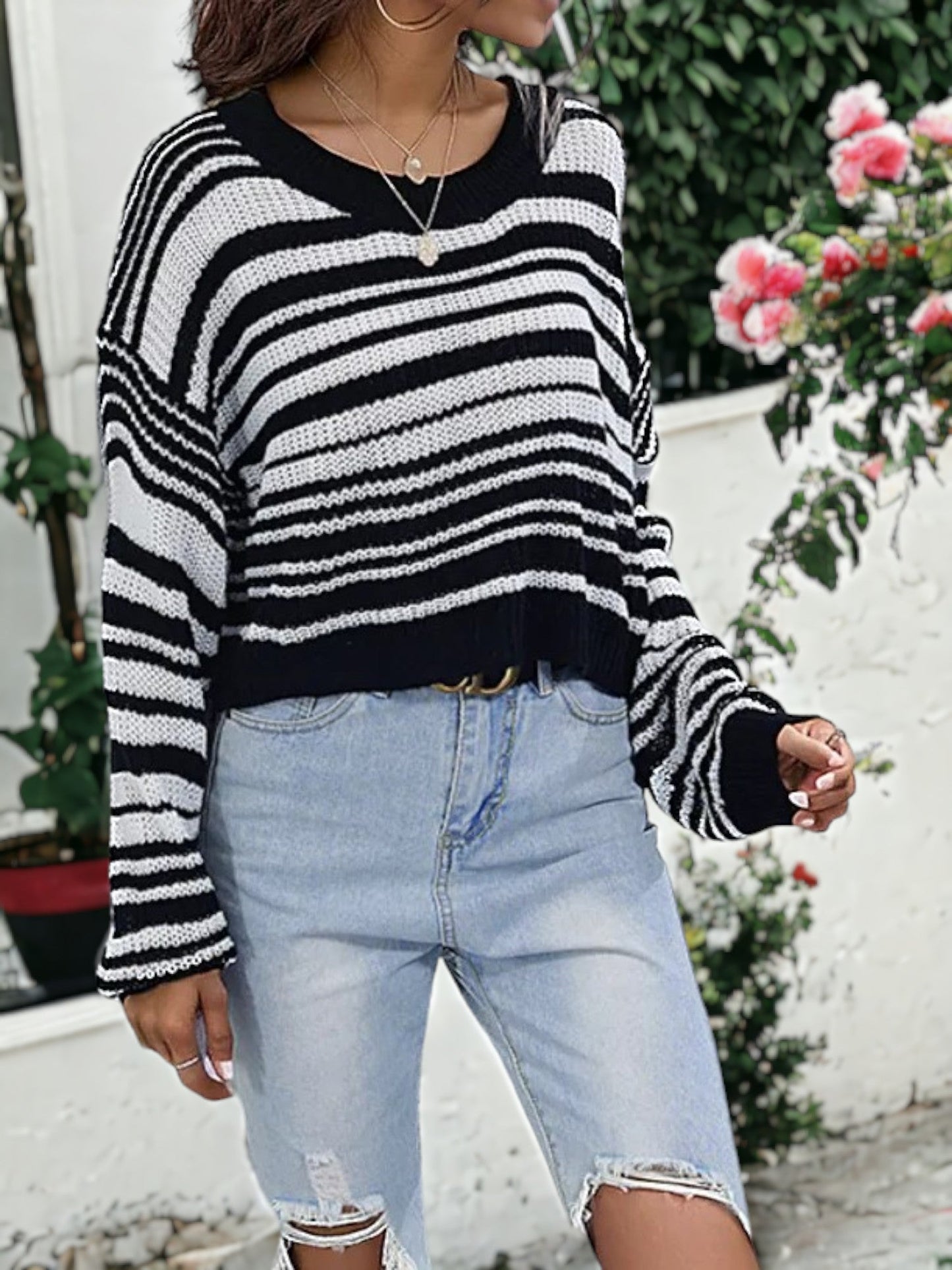 Drop Shoulder Striped Sweater