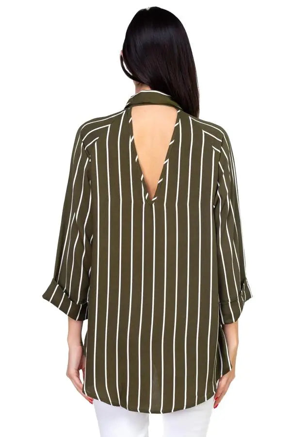 Stripe Button Down Shirt -Olive - # WOAA21510017-PRG