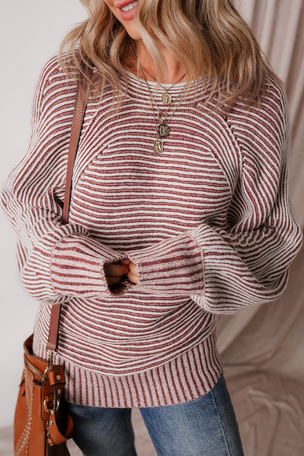 Stripe Ribbed Knit Boat Neck Sweater