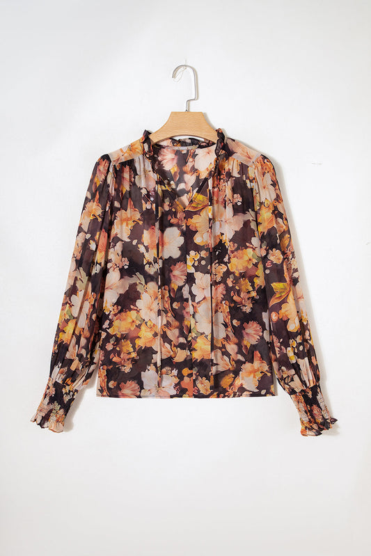 Floral V-Neck Long Puff Sleeve Blouse