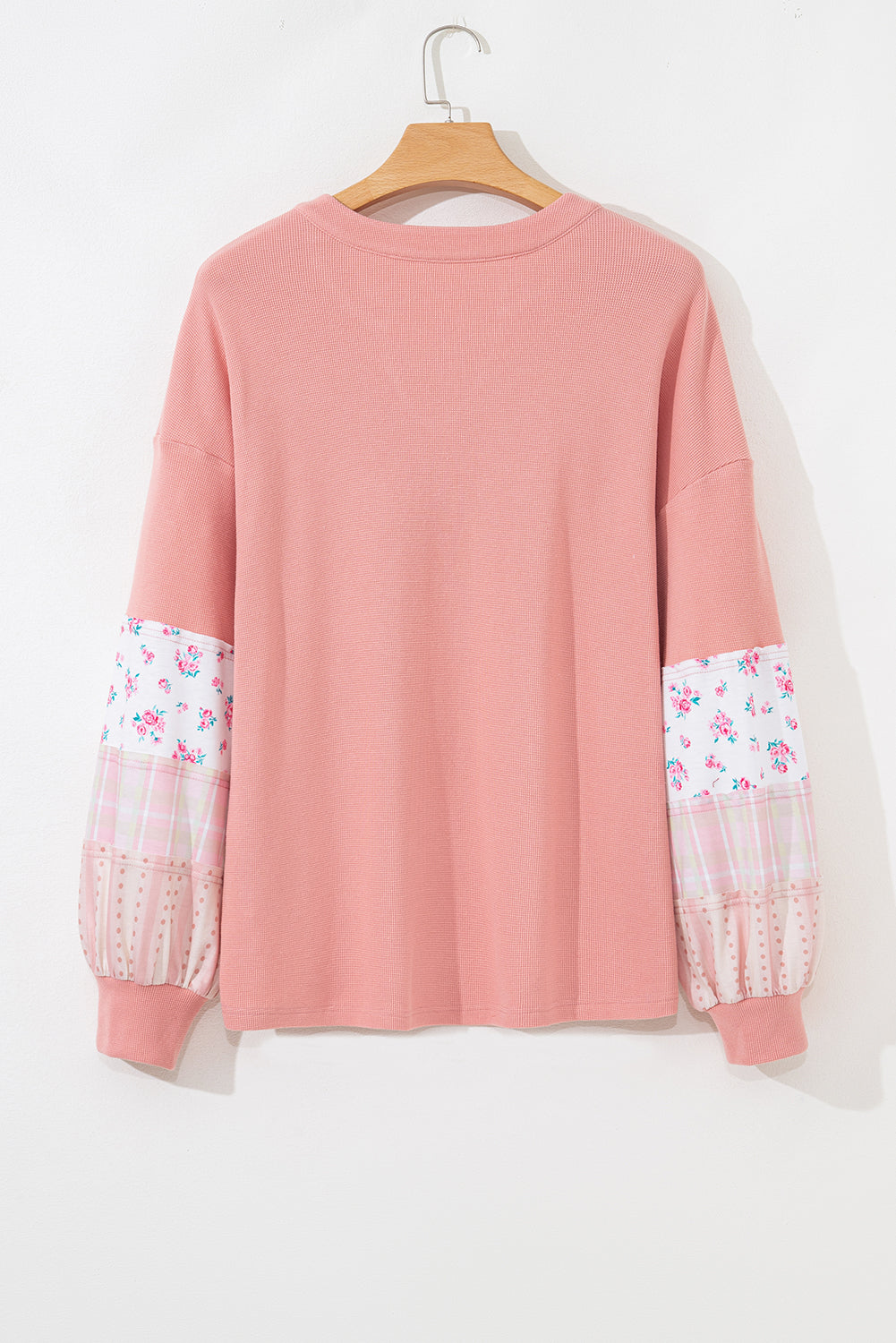 Plus Size Floral Patchwork Sleeve Waffle Knit Top
