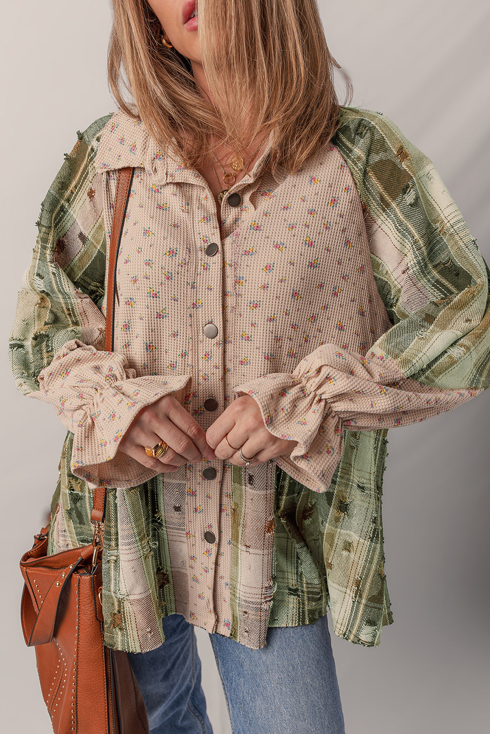 Floral Plaid Patchwork Ruffle Waffle Knit Shacket