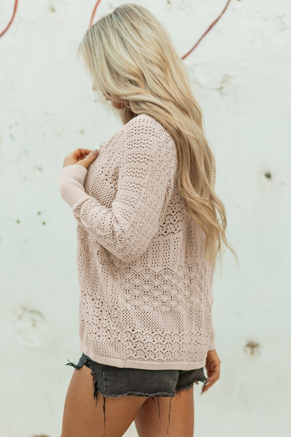 Solid Hollow Knit Open-Front Cardigan