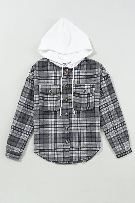 Plaid Pocketed Button-Up Hooded Shacket