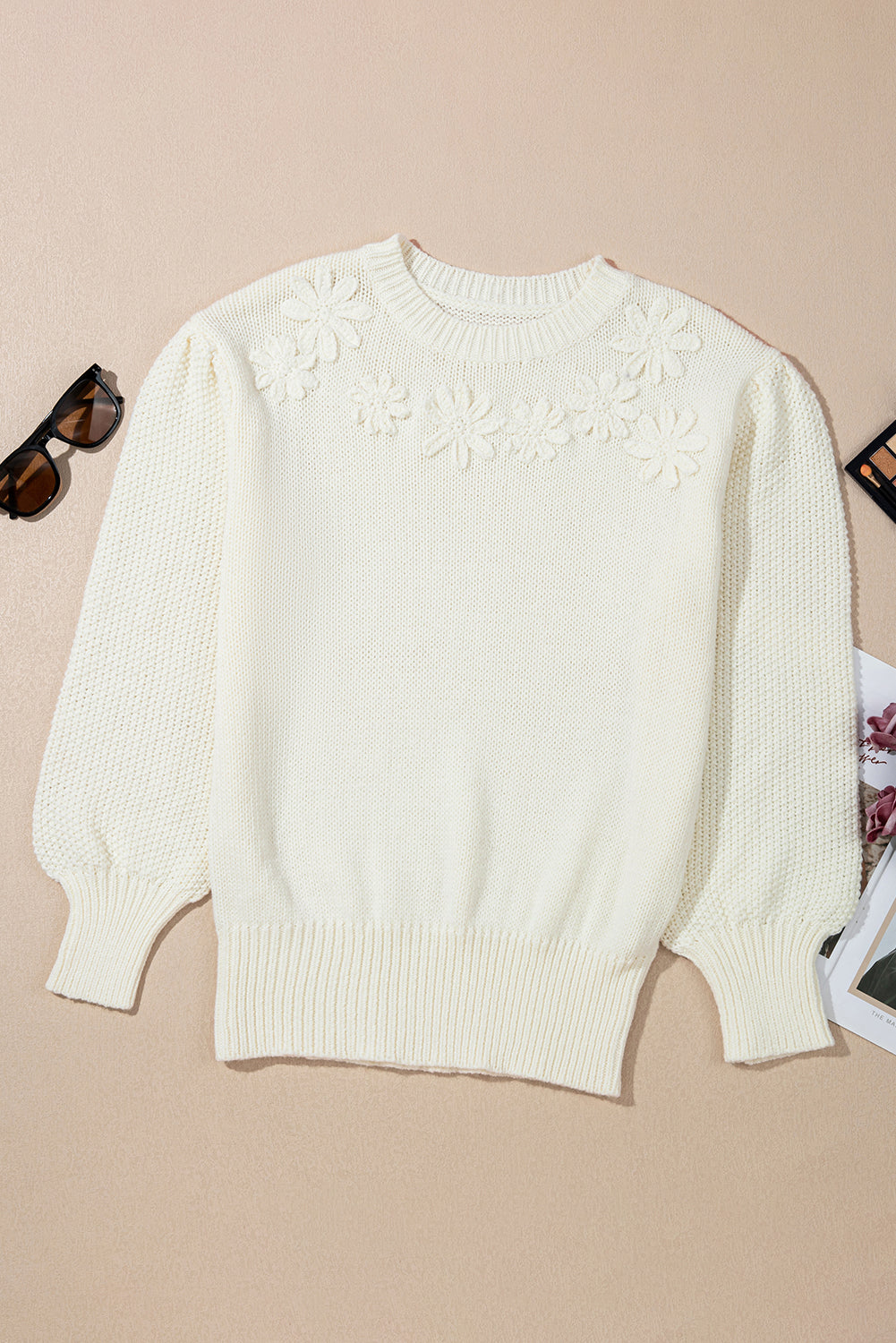 Floral Textured Puff Sleeve Round Neck Sweater