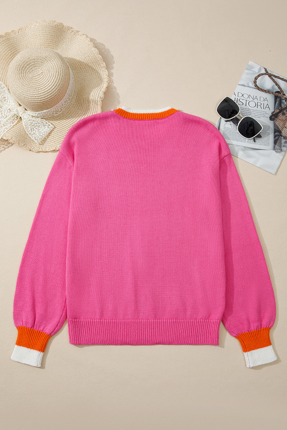 Pearl Contrast Trim Crewneck Drop Shoulder Sweater