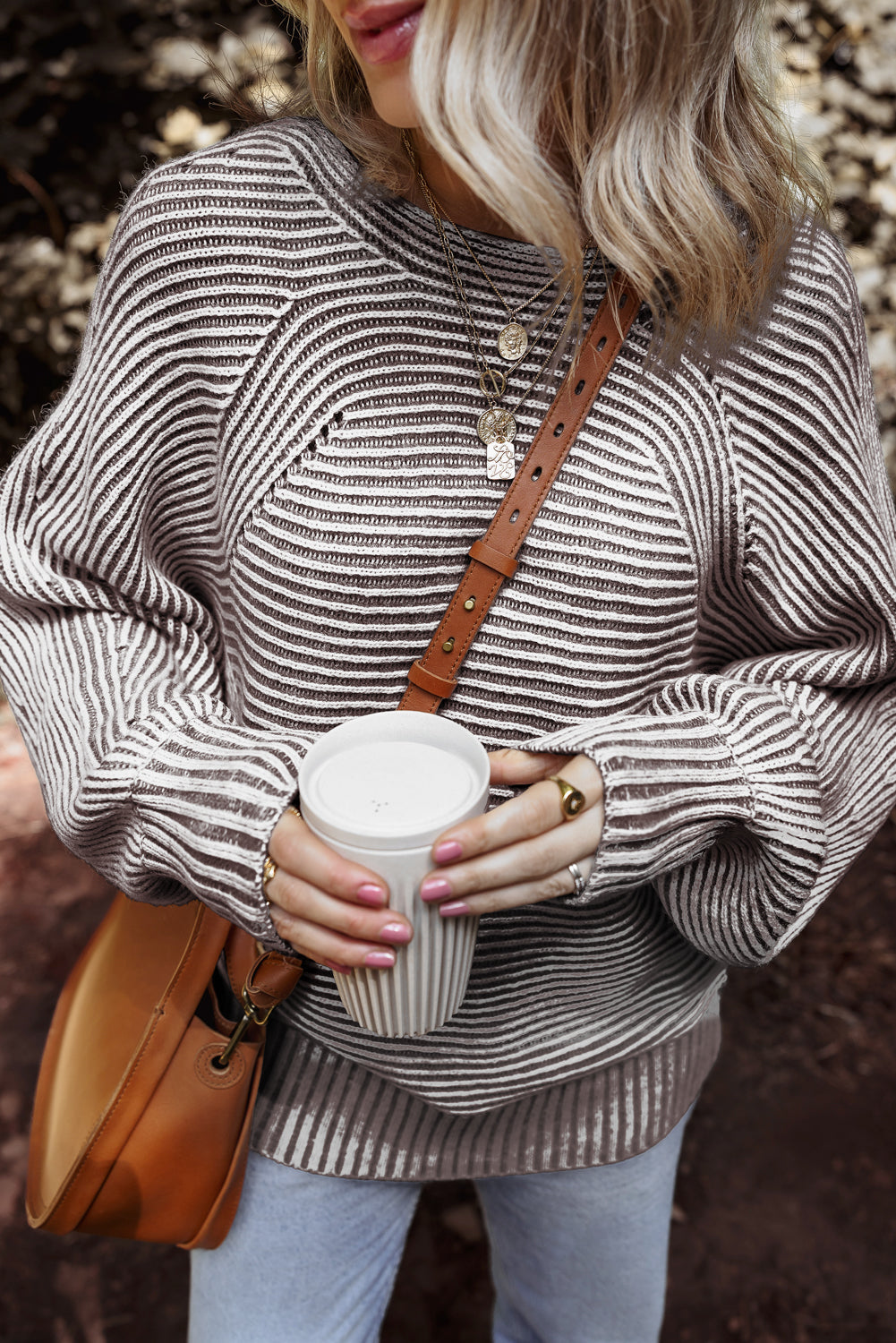 Stripe Ribbed Knit Boat Neck Sweater