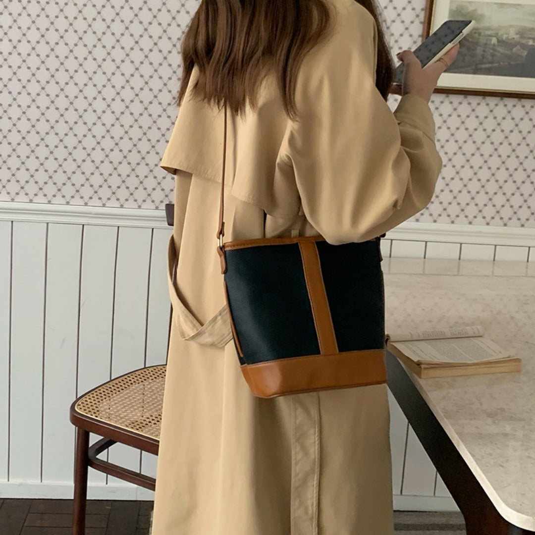 Retro Fashion Simple Texture Splicing Bucket Bag - Versatile Women's Shoulder & Crossbody Bag