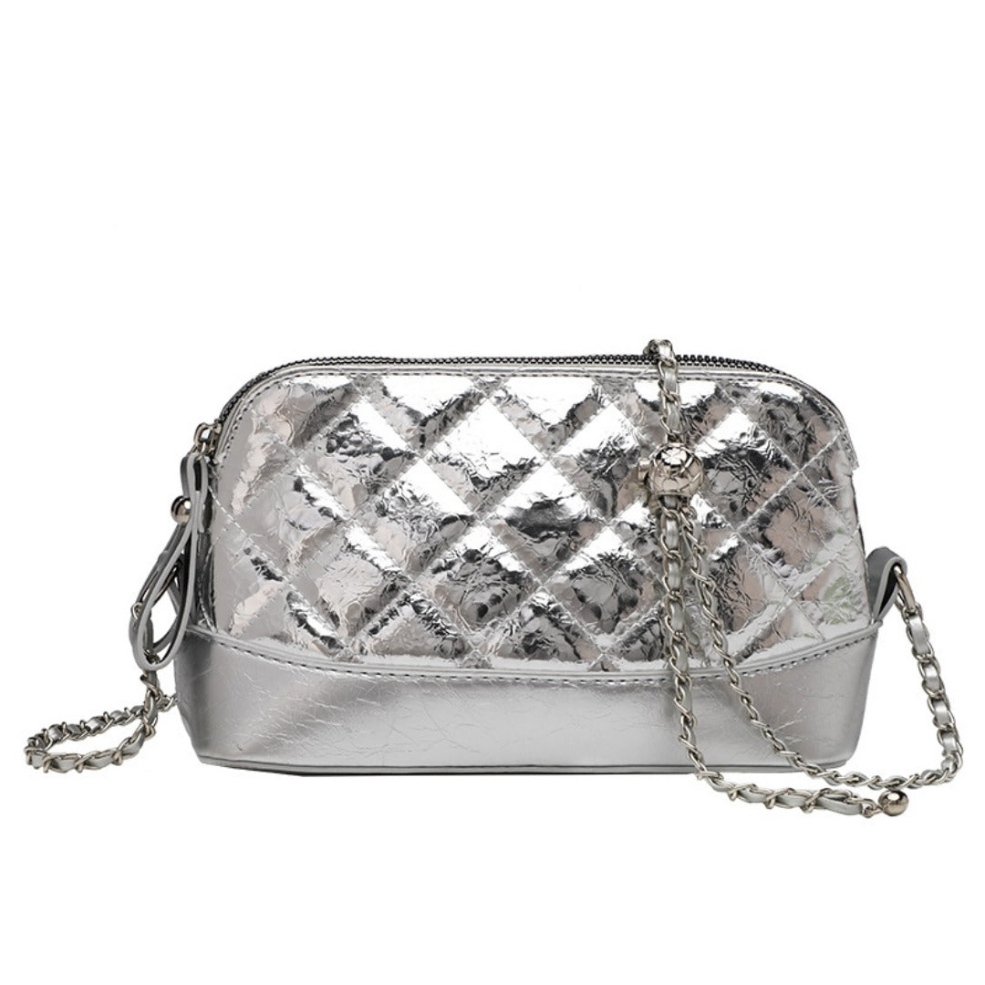 Simple chain bag, silver metallic shoulder Crossbody bag, fashionable small diamond bag women