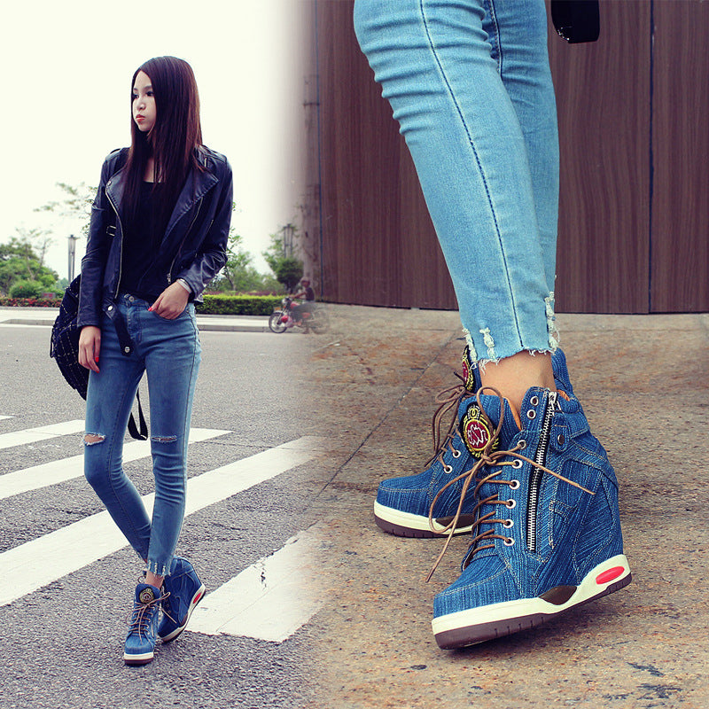 Women's Casual Denim Lace-Up Wedge Boots