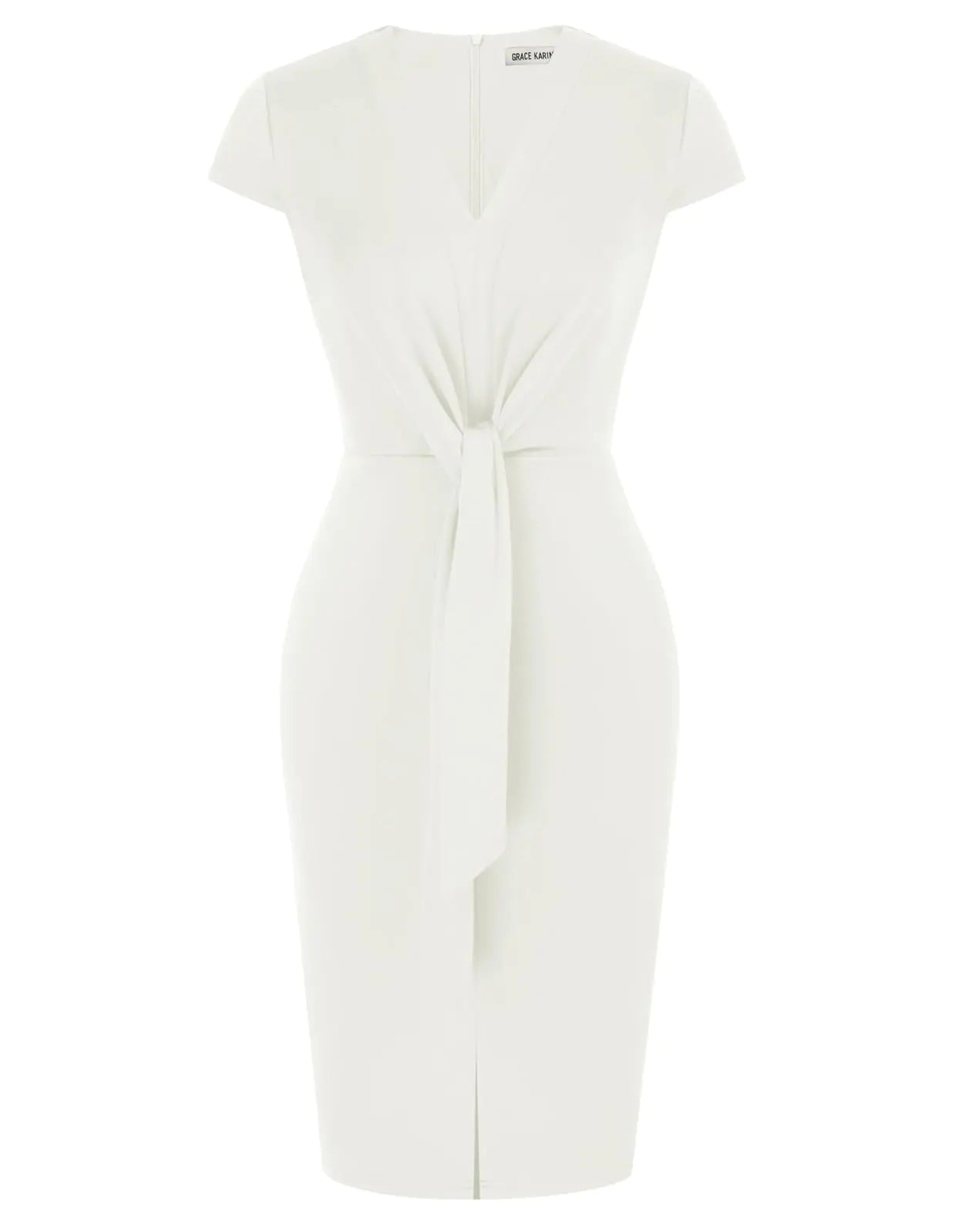 GRACE KARIN Women's Summer Midi Dresses Cap Sleeve Tie Waist Work Dress Slit V-Neck Bodycon Dress Business Casual Outfits Small Ivory - # GIAA231710003