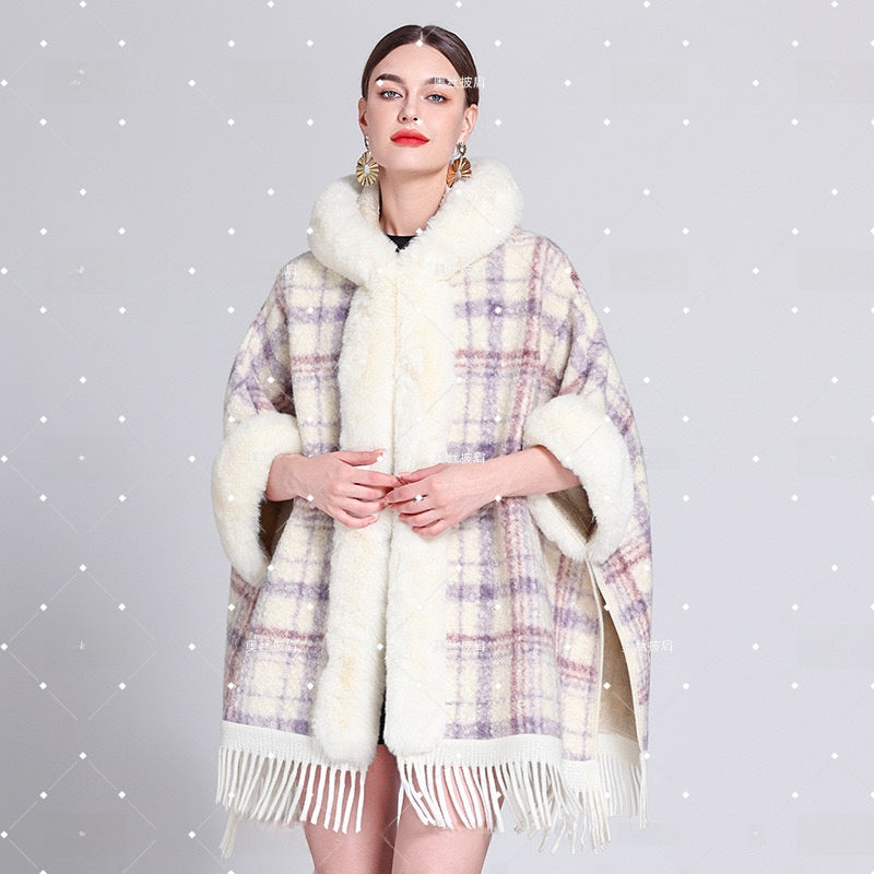 Hooded Fleece-Lined Cape with Tassel