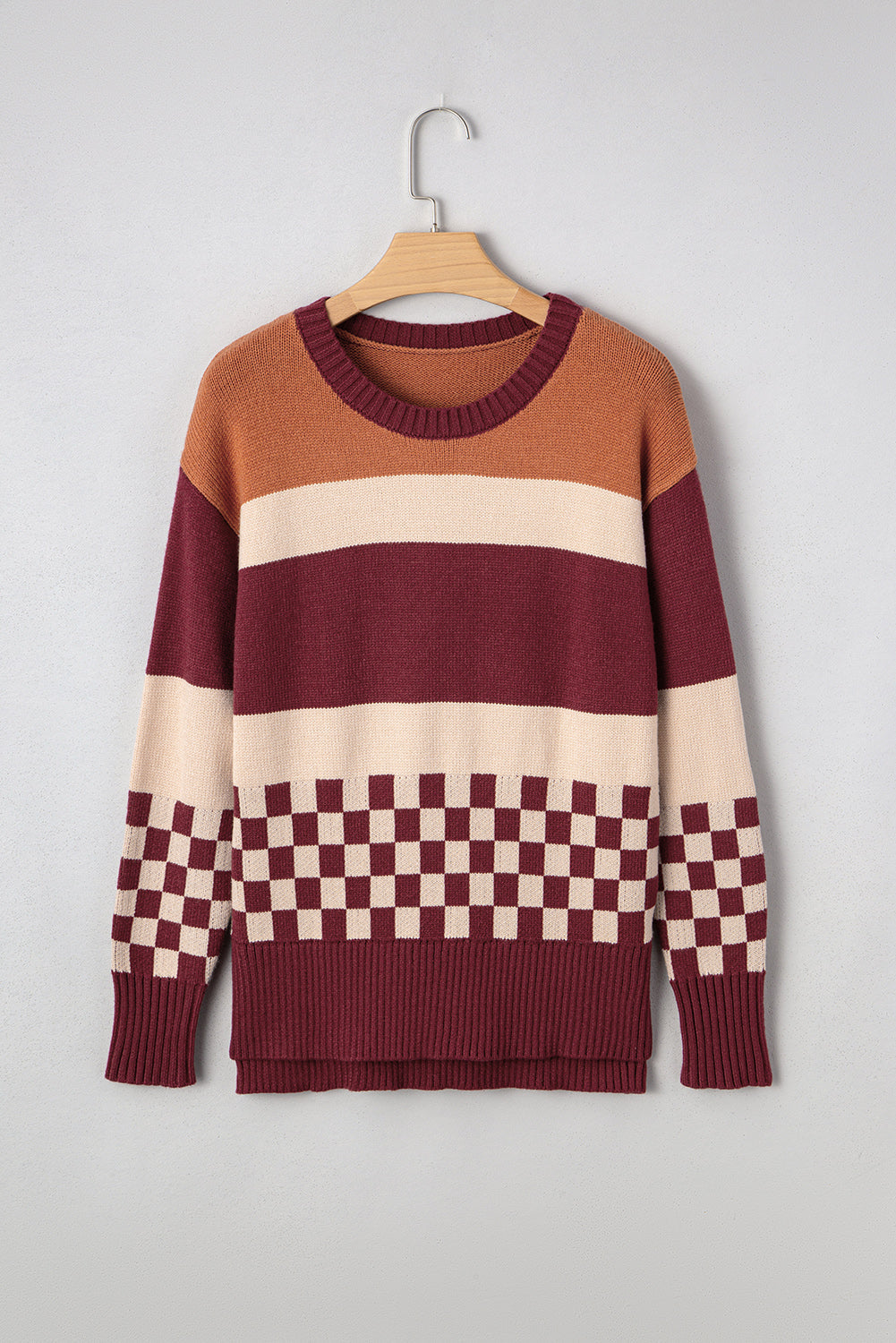 Checker Colorblock Knitted Drop Shoulder Sweater