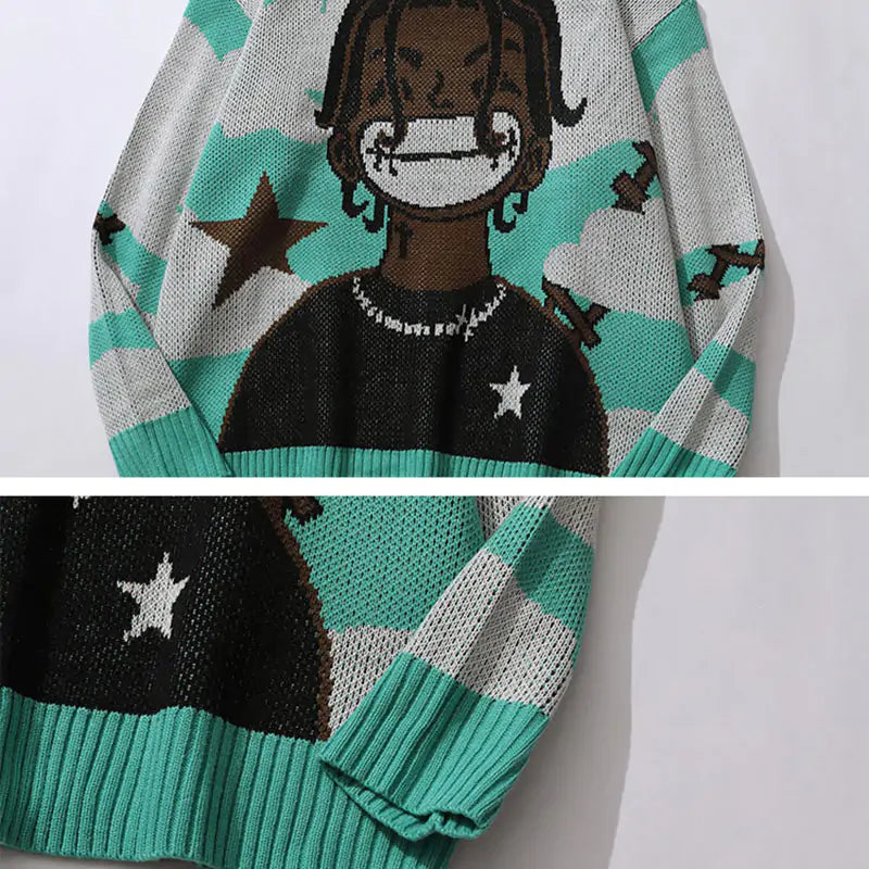 Harajuku vintage cartoon anime knitted sweater men winter oversized - # BOAA13510009