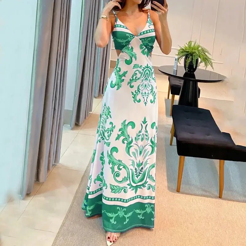 Stylish Printed Backless Vacation Dress - # WOAA211410003-PRG