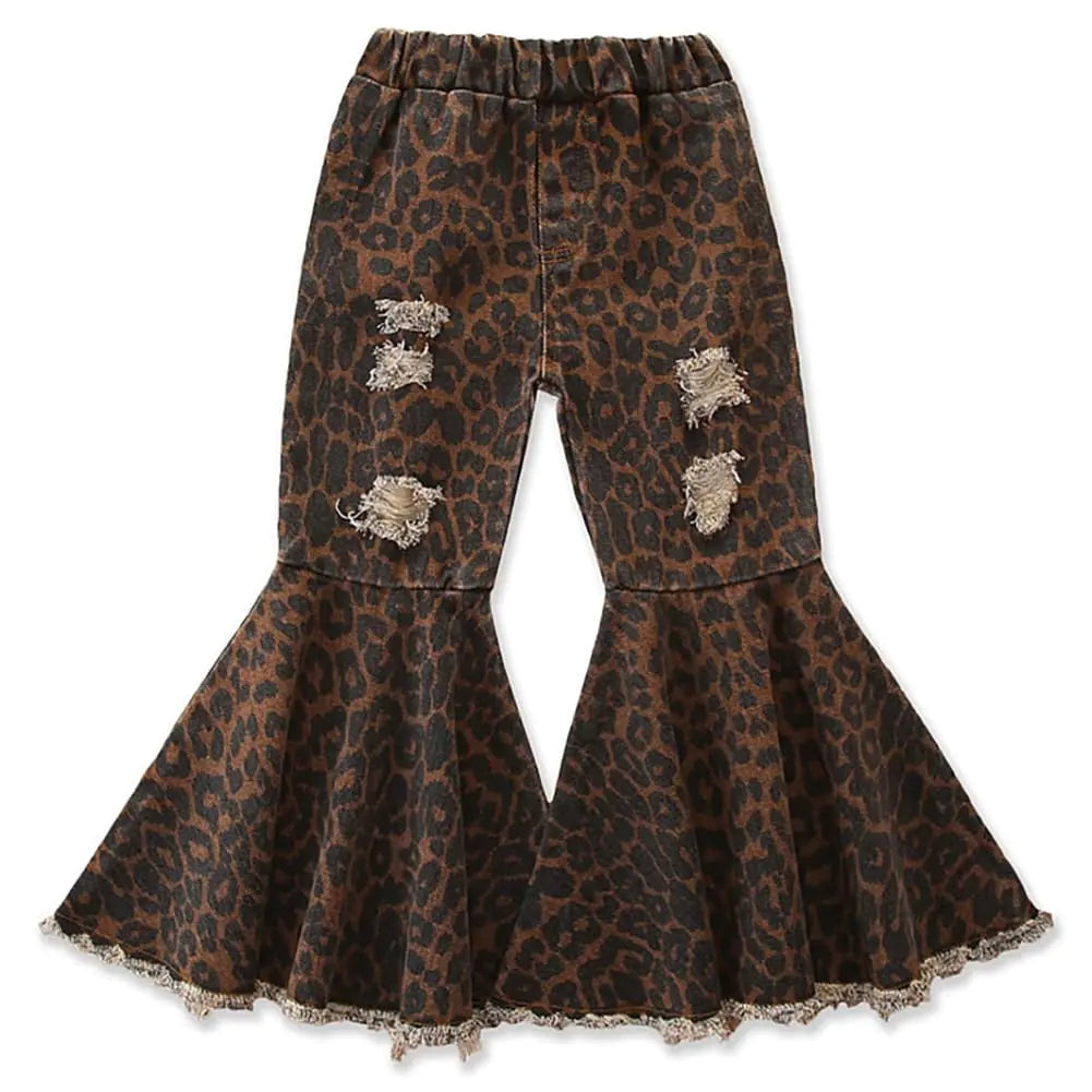 Toddler Kids Girls Denim Jeans Bell Bottom Flare Pants-Ripped Denim Leggings Trousers Cheetah-3-4 Years - #  GIAA21410003
