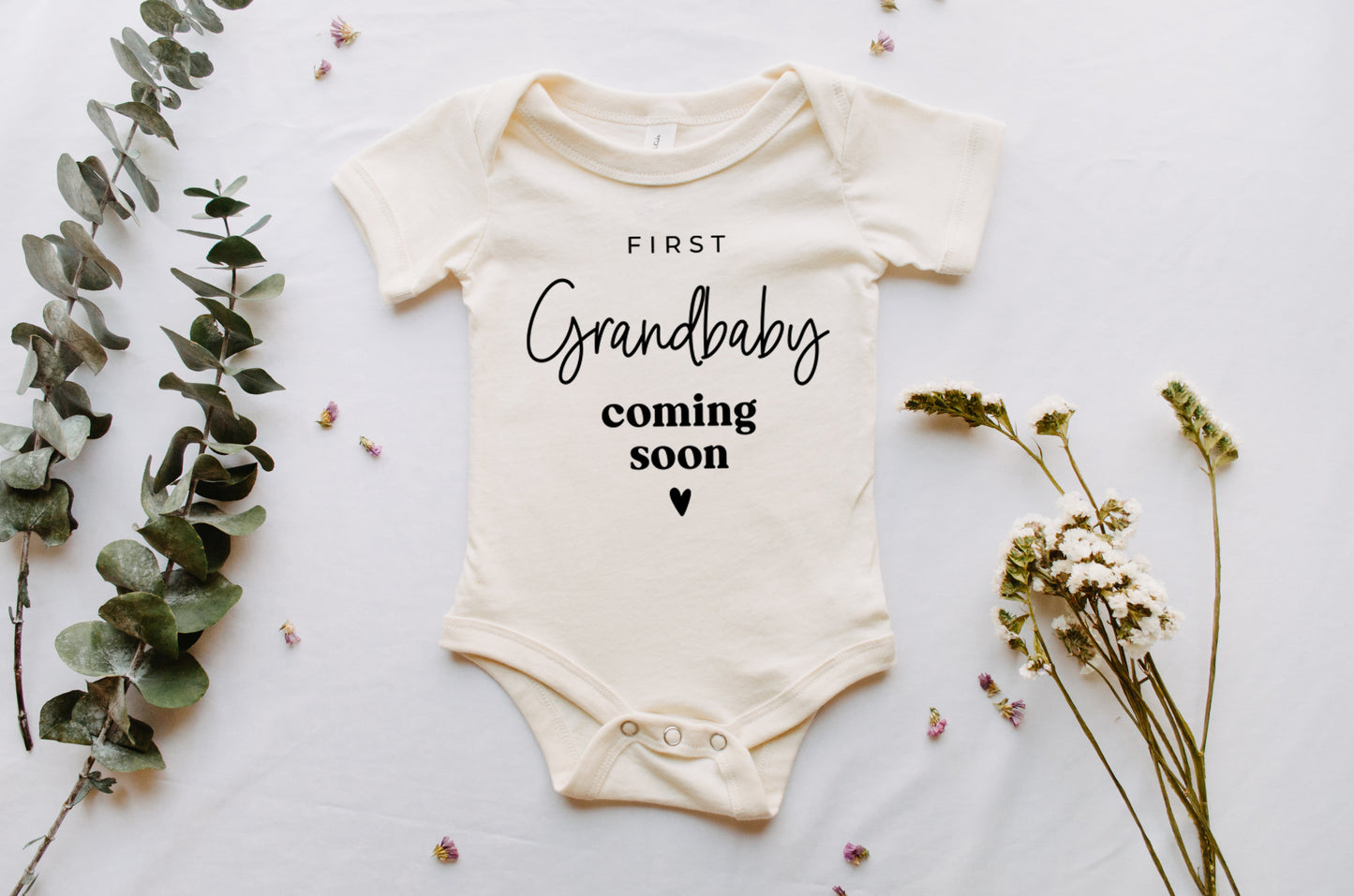 First Grandbaby Coming soon Bodysuit Onesie - Pregnancy Announcement (wandering flower font)