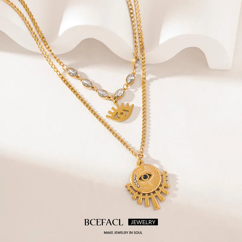 316L Stainless Steel Multi-Layer Vintage Eye Pendant Necklace For Women Girl New Trend Waterproof Chain Jewelry Gift