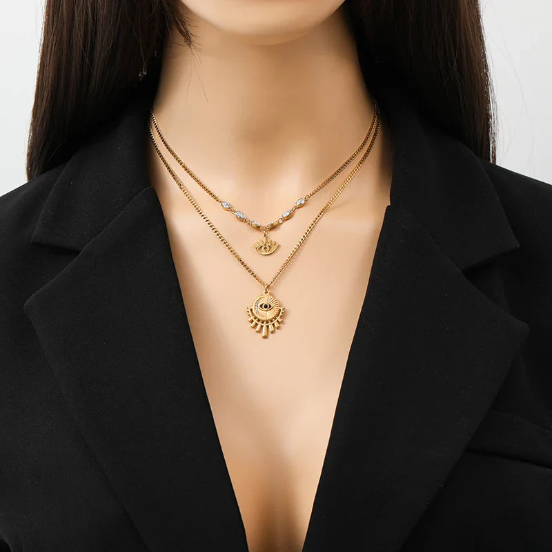316L Stainless Steel Multi-Layer Vintage Eye Pendant Necklace For Women Girl New Trend Waterproof Chain Jewelry Gift