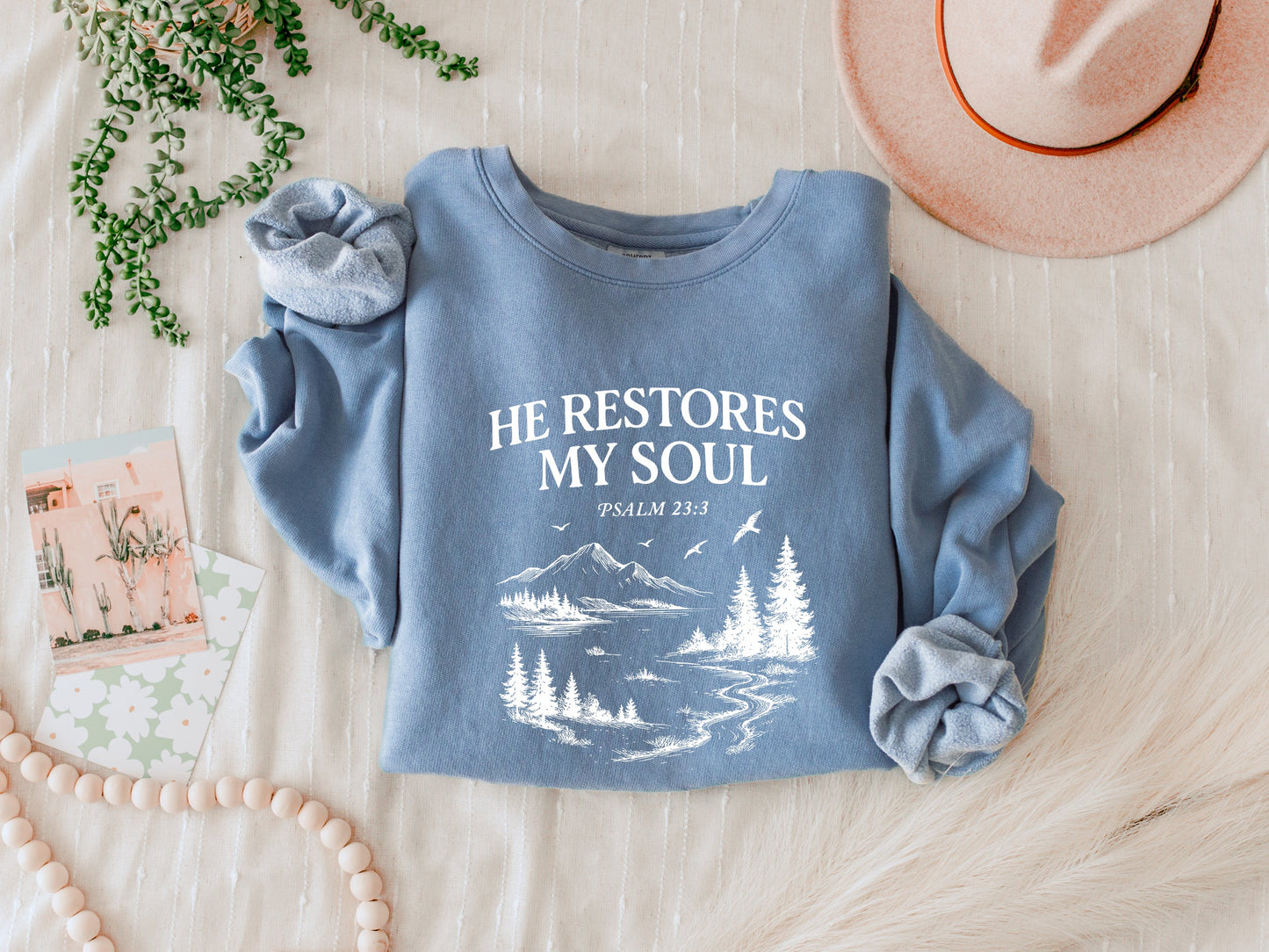 He Restores My Soul Psalm Bible Christian Garment Dyed Comfort Colors Sweatshirt