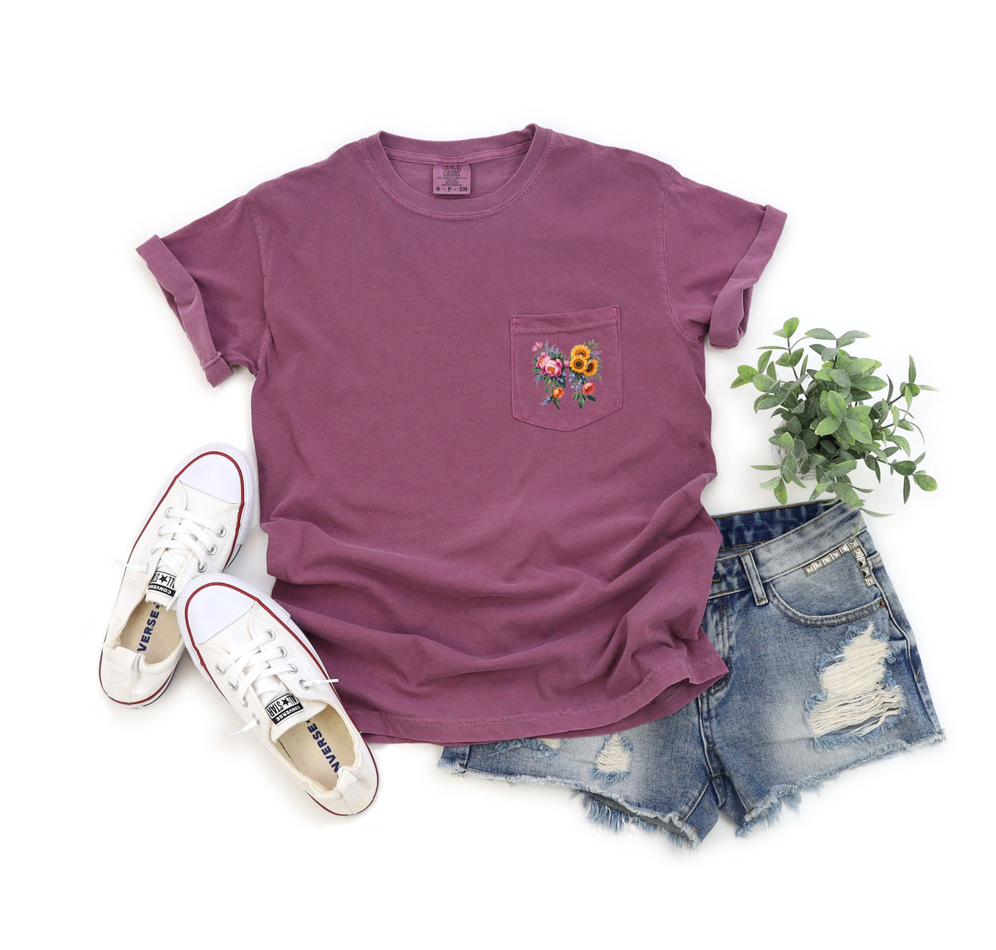 Wildflowers Bouquet Flowers Botanical Comfort Colors Pocket T Shirt | Camping, Hiking, Plant