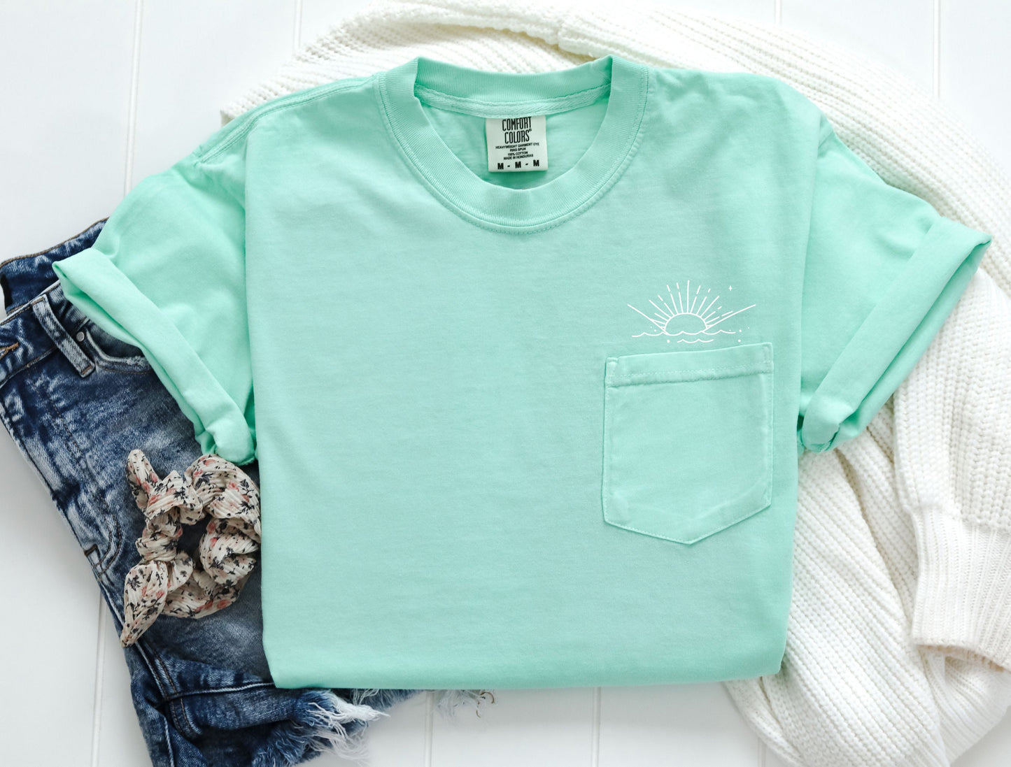 Sun and Wave Lake Beach Comfort Colors Pocket T Shirt | Nature, Camping, Plant (2)