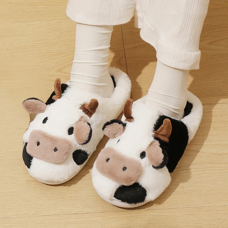 Winter Unisex Cute Cartoon Cow Warm Plush Slippers - # GIAA73610003