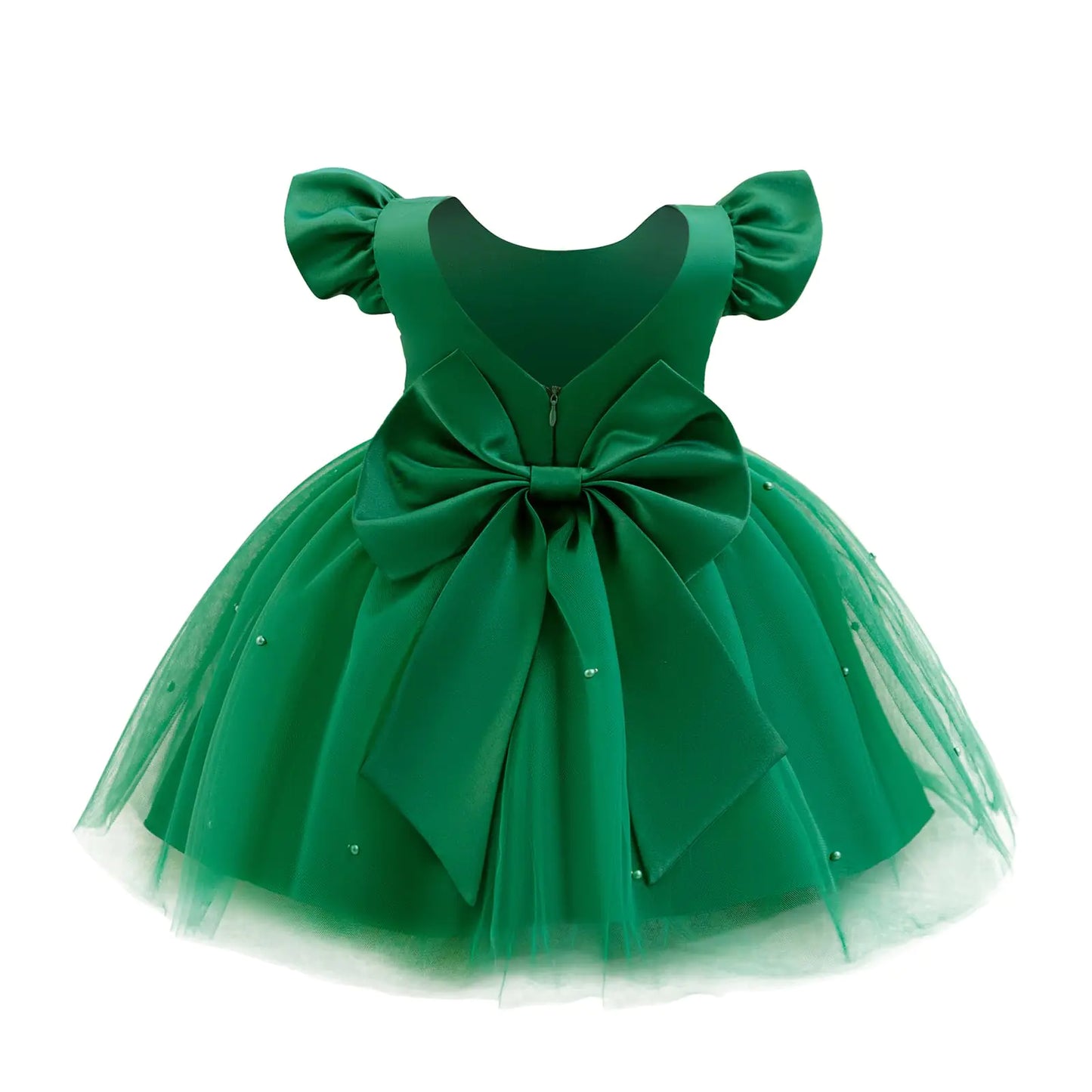 OBEEII Baby Girl Christmas Dress-Infant Flower Girl Dress-Ruffle Sleeve Satin Pearls Tulle Tutu Dress Bowknot V Back-Pageant -Wedding -Birthday-Formal Party Dresses - Green - 12-18 Months - - # BAAA51110004