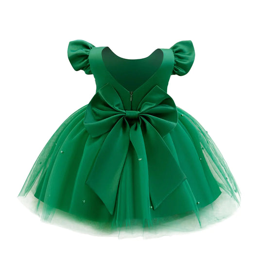 OBEEII Baby Girl Christmas Dress-Infant Flower Girl Dress-Ruffle Sleeve Satin Pearls Tulle Tutu Dress Bowknot V Back-Pageant -Wedding -Birthday-Formal Party Dresses - Green - 12-18 Months - - # BAAA51110004