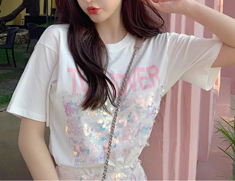 Sequined Two-Piece Set: High-Waisted Skirt & Tee - # GIAA23310007