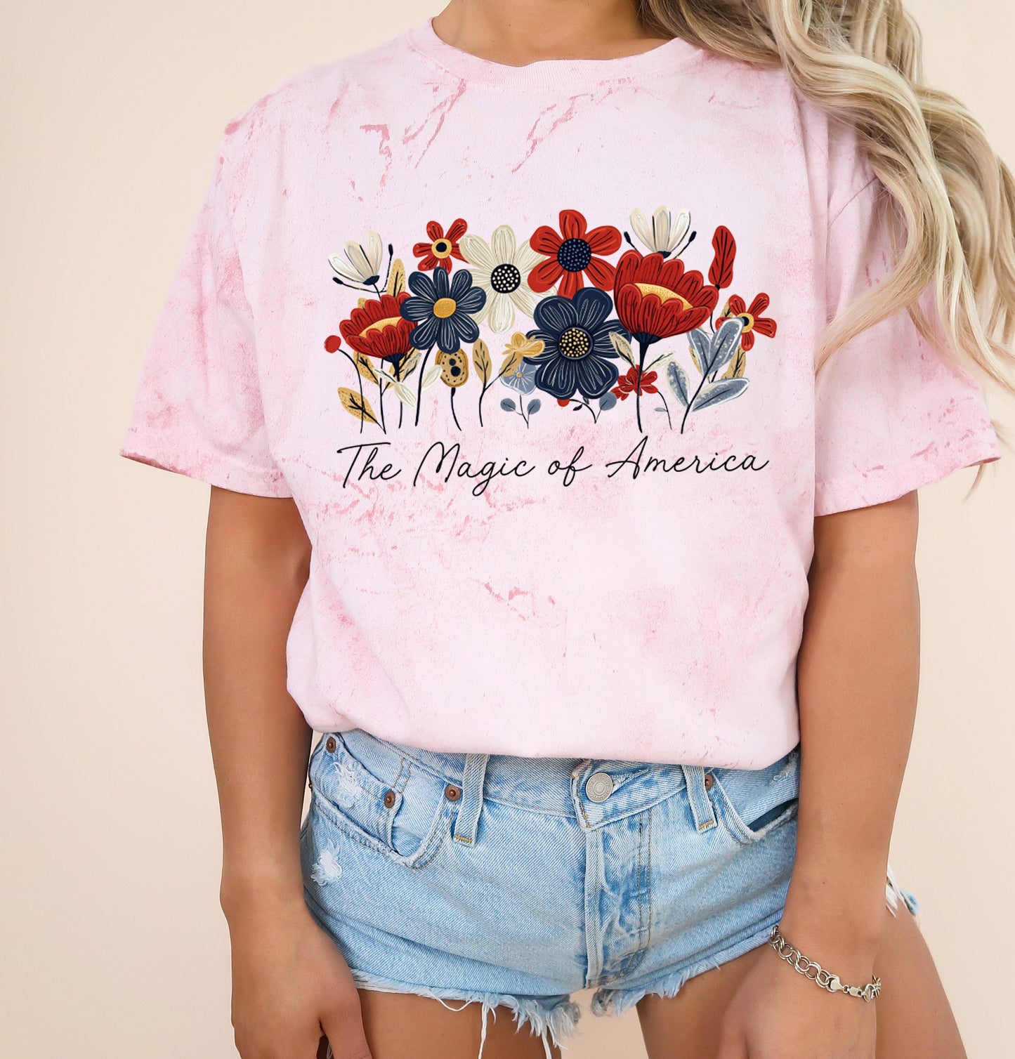America the Magic of America USA Flag flower Garment Dyed T Shirt