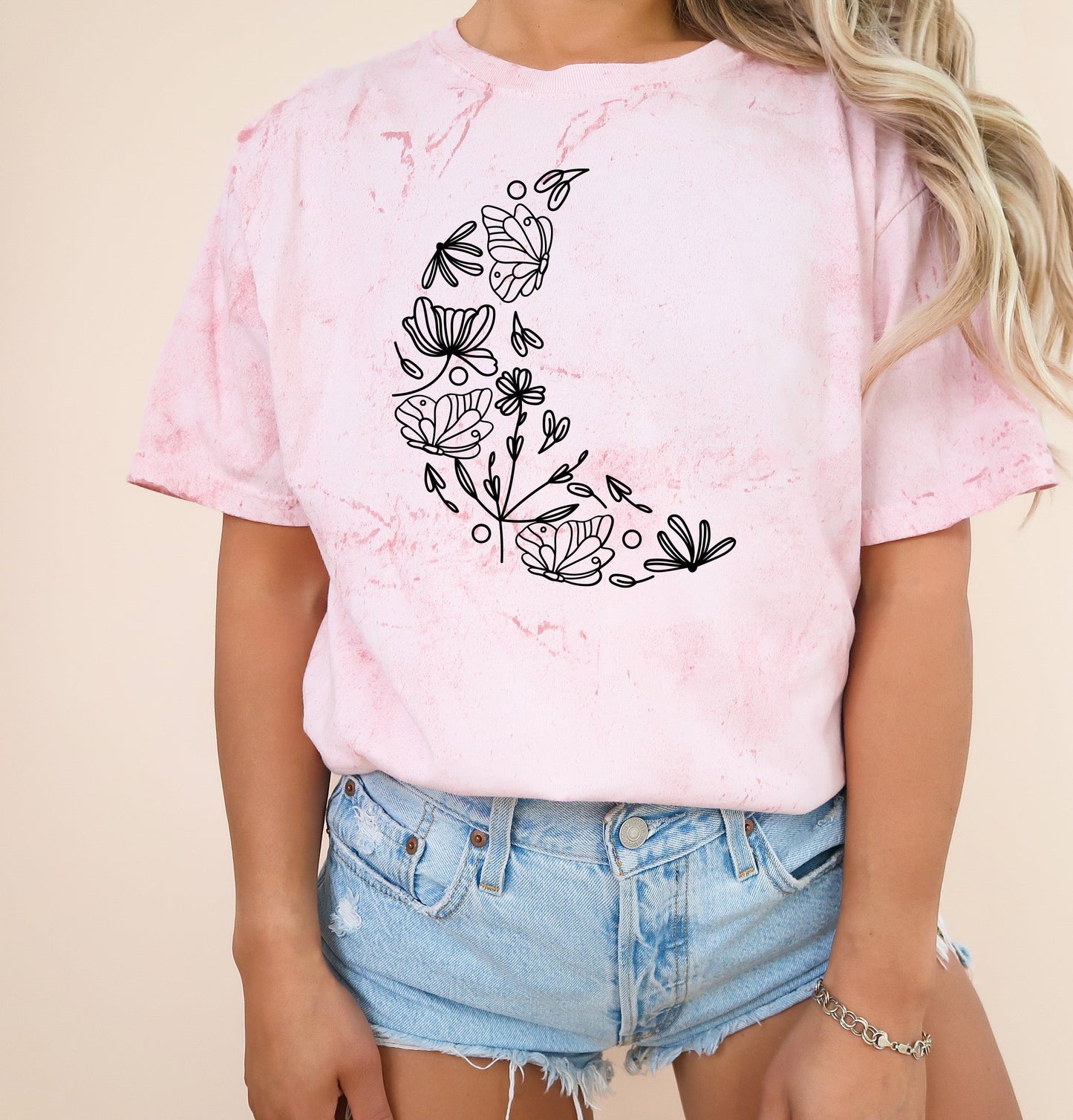 The Moon made of Flowers Nature botanical Garment Dyed T Shirt