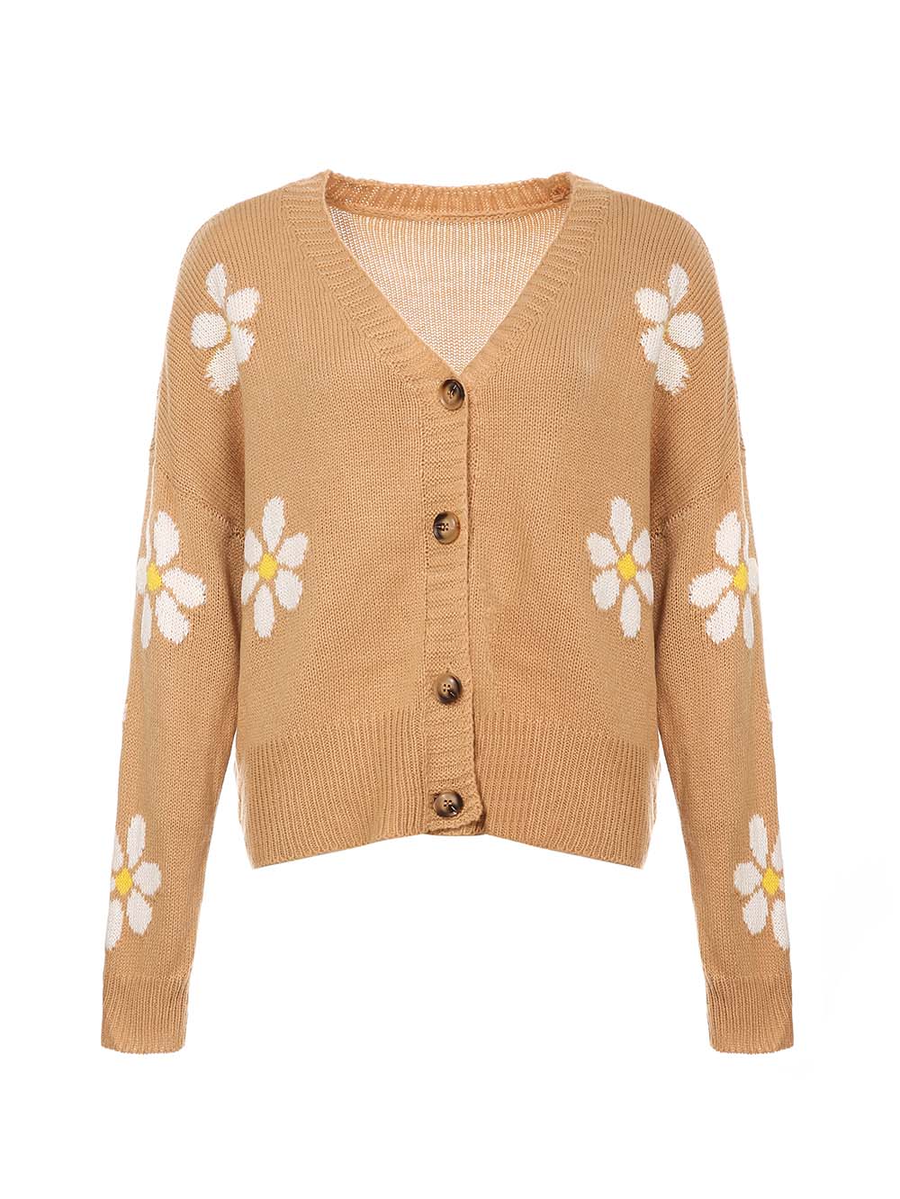 Collegiate Style Floral Pattern Knit Cardigan Loose-Fit Sweater | NCS