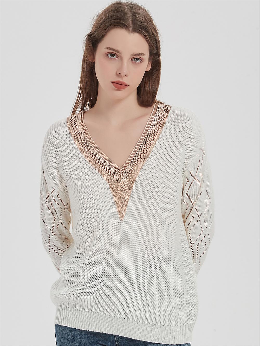 Cutout Colorblock V-Neck Long Sleeve Knit Sweater | NCS