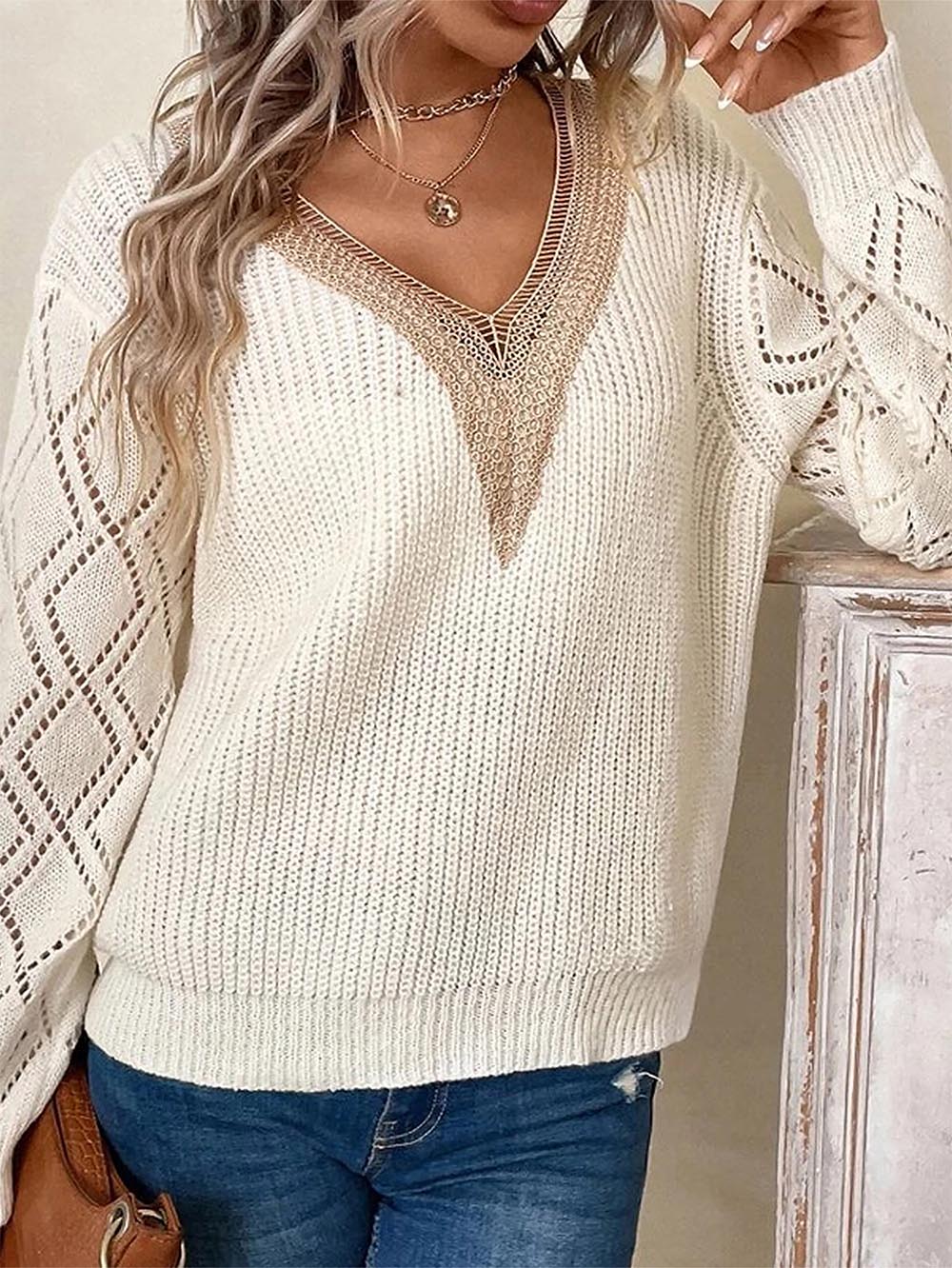 Cutout Colorblock V-Neck Long Sleeve Knit Sweater | NCS