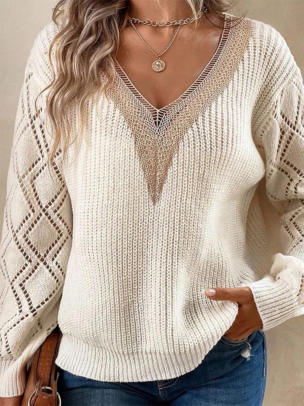 Cutout Colorblock V-Neck Long Sleeve Knit Sweater | NCS