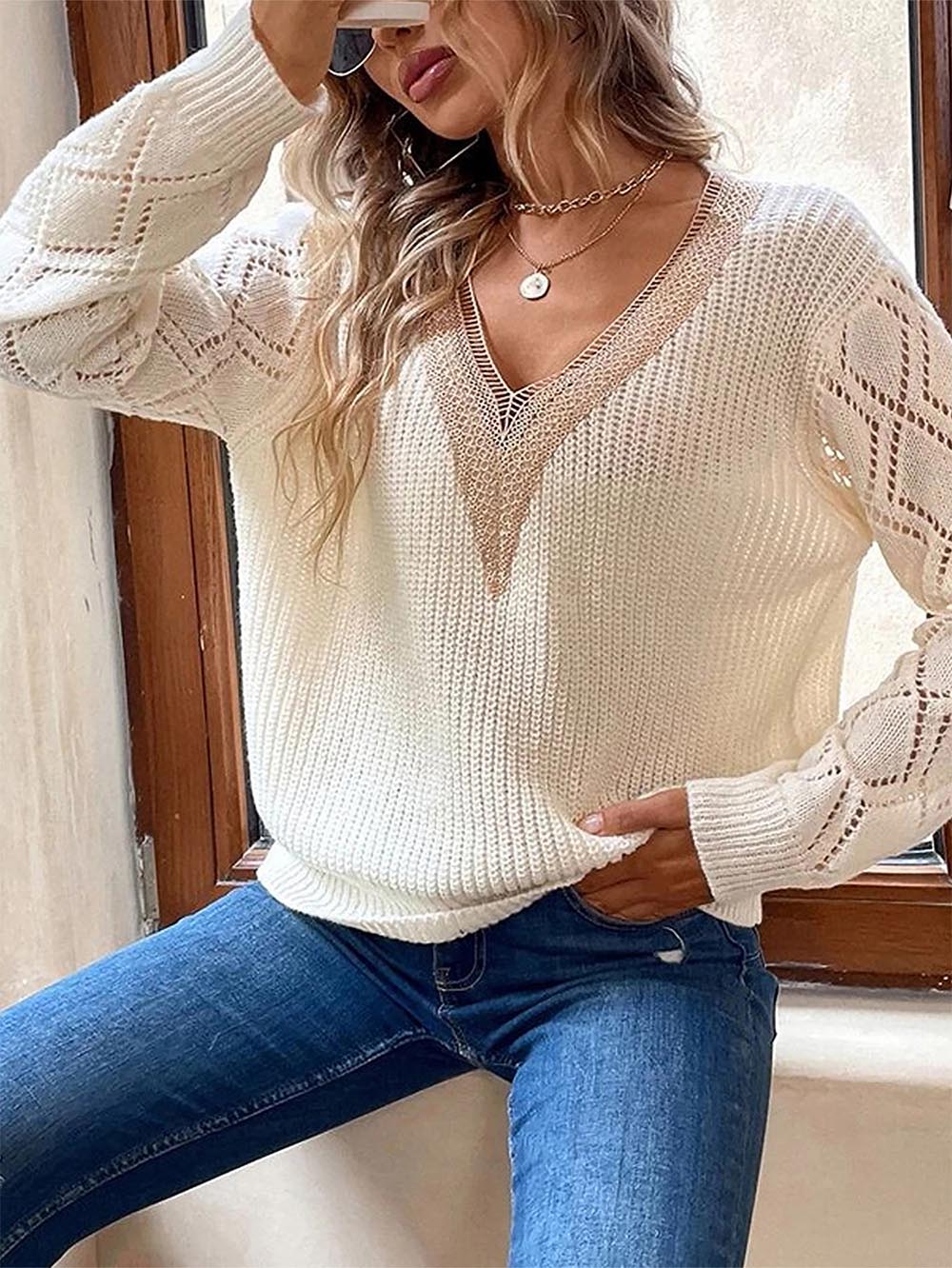 Cutout Colorblock V-Neck Long Sleeve Knit Sweater | NCS