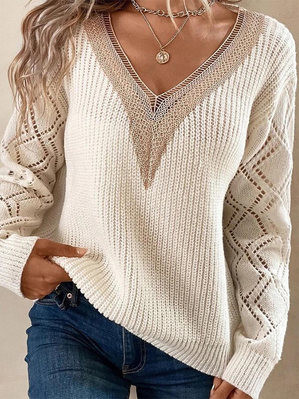 Cutout Colorblock V-Neck Long Sleeve Knit Sweater | NCS