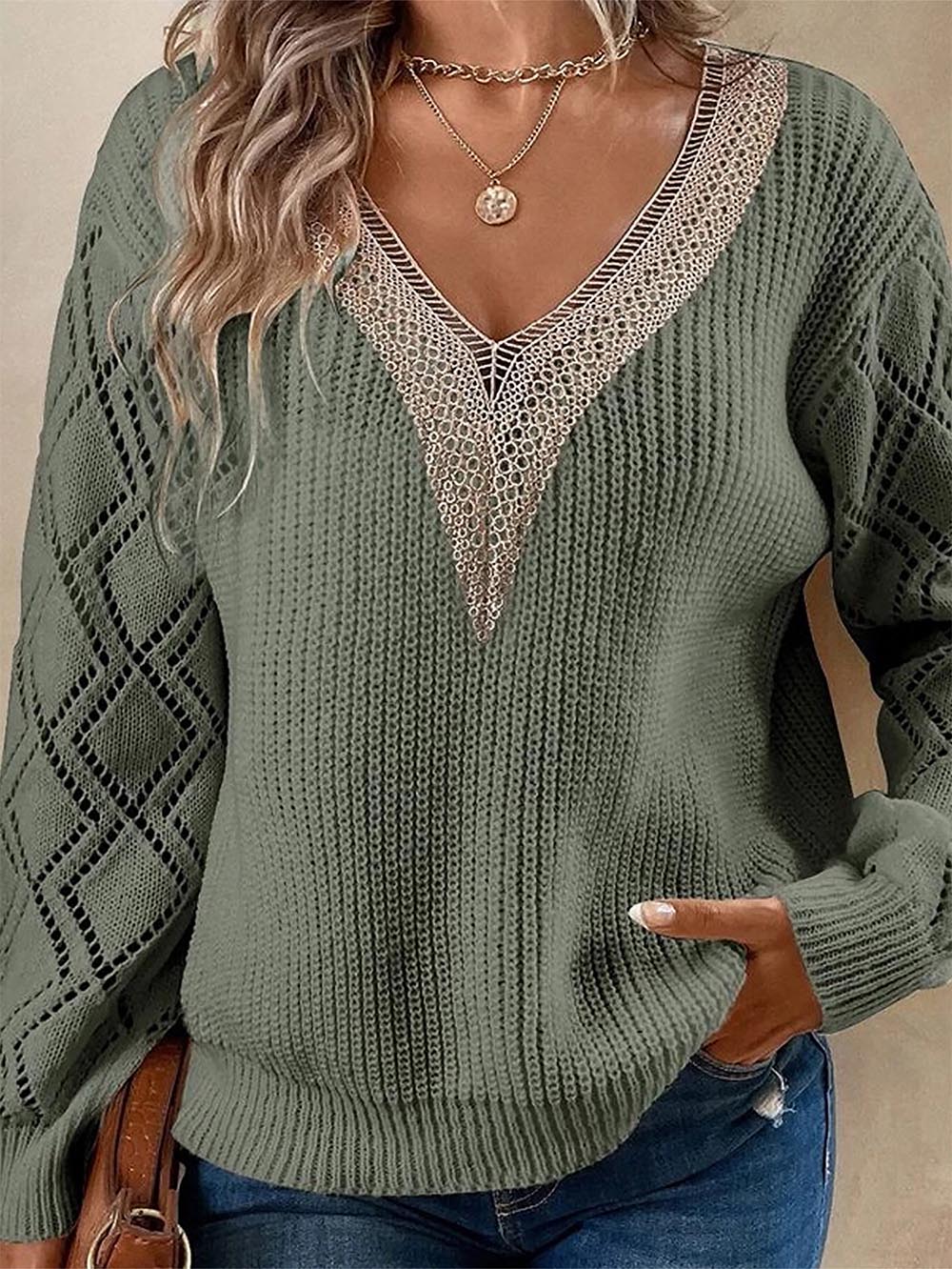 Cutout Colorblock V-Neck Long Sleeve Knit Sweater | NCS