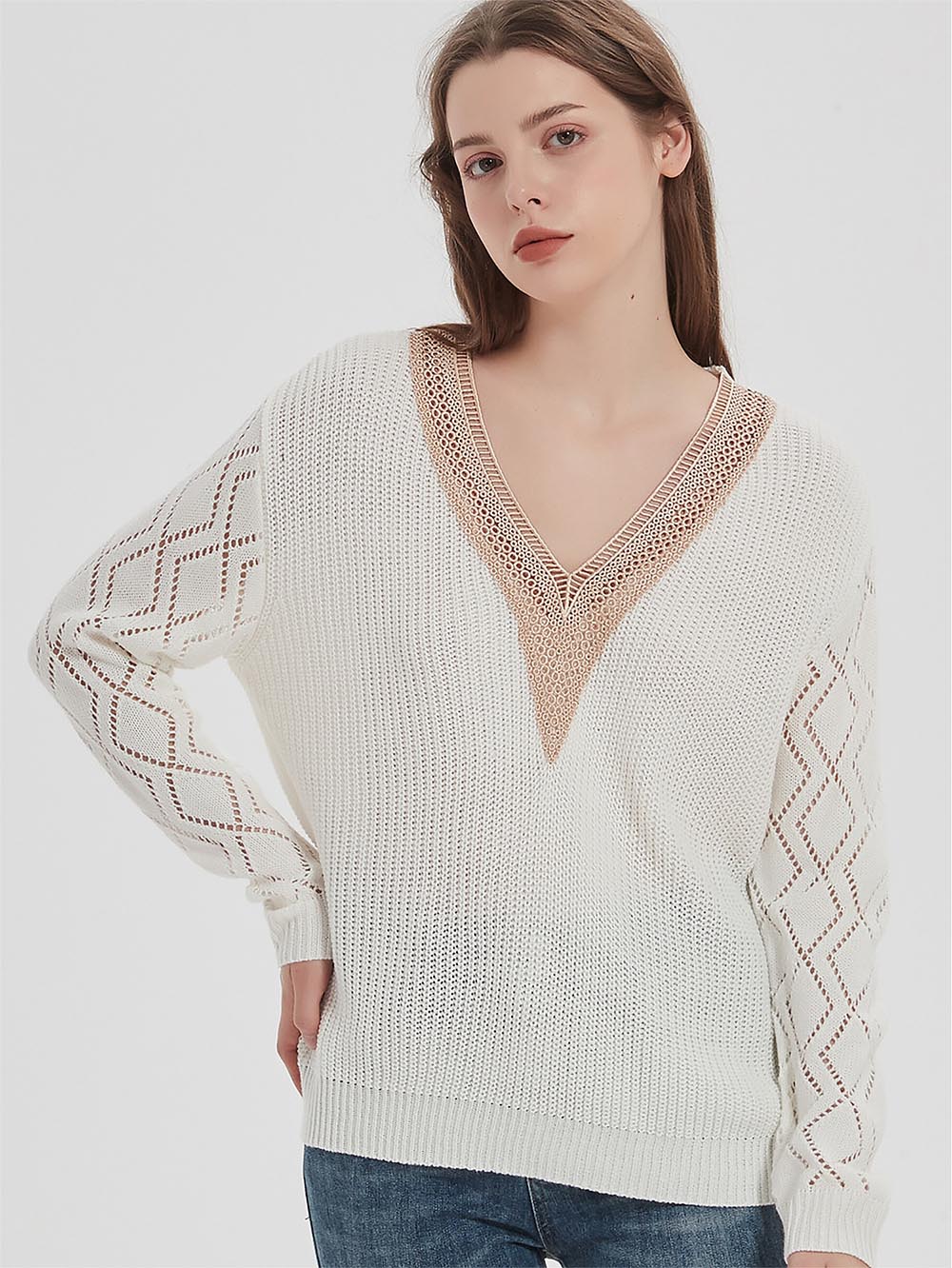 Cutout Colorblock V-Neck Long Sleeve Knit Sweater | NCS