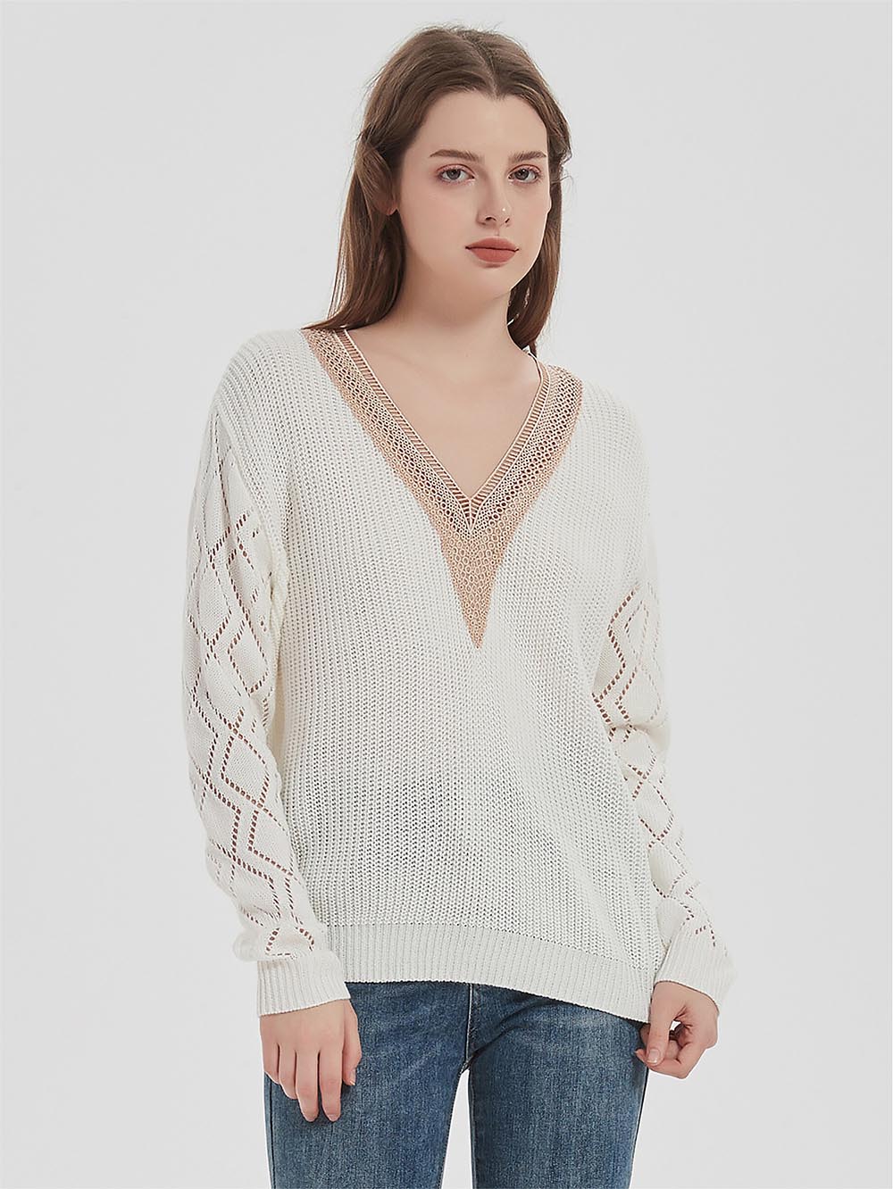 Cutout Colorblock V-Neck Long Sleeve Knit Sweater | NCS