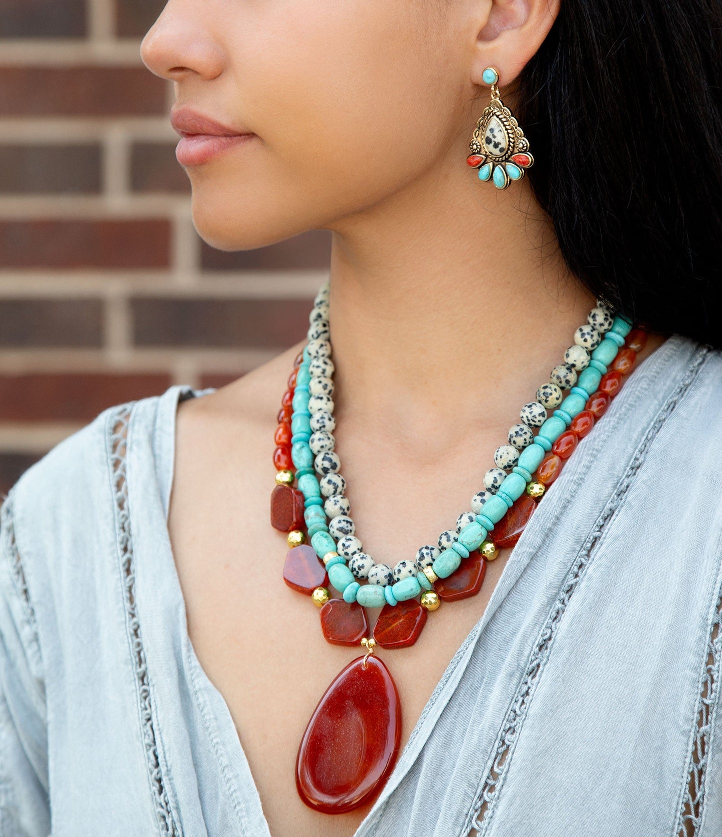Red Carnelian Colorful Golden Pendant Necklace