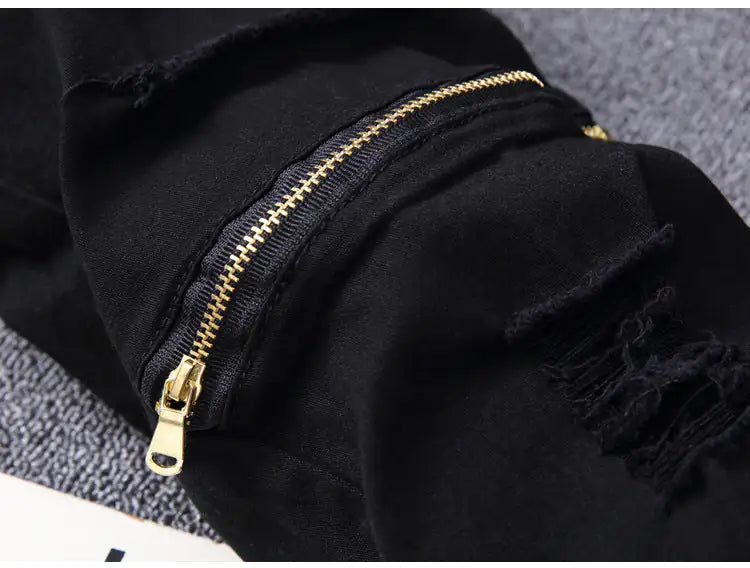 Zippered Holes Elastic Trend Denim Pants - # BOAA13410009