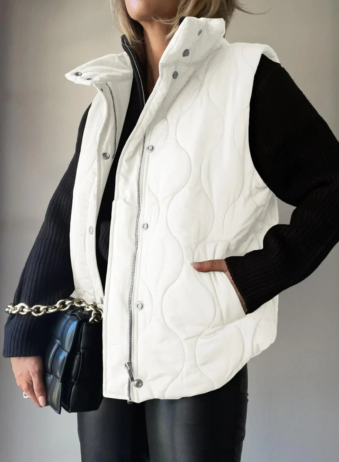EVALESS Cropped Puffer Vest Women Lightweight Quilted Stand Collar Sleeveless Jackets Fall Button Zip Up Warm Coat Outerwear X-Large White - # GIAA23210002-PRG